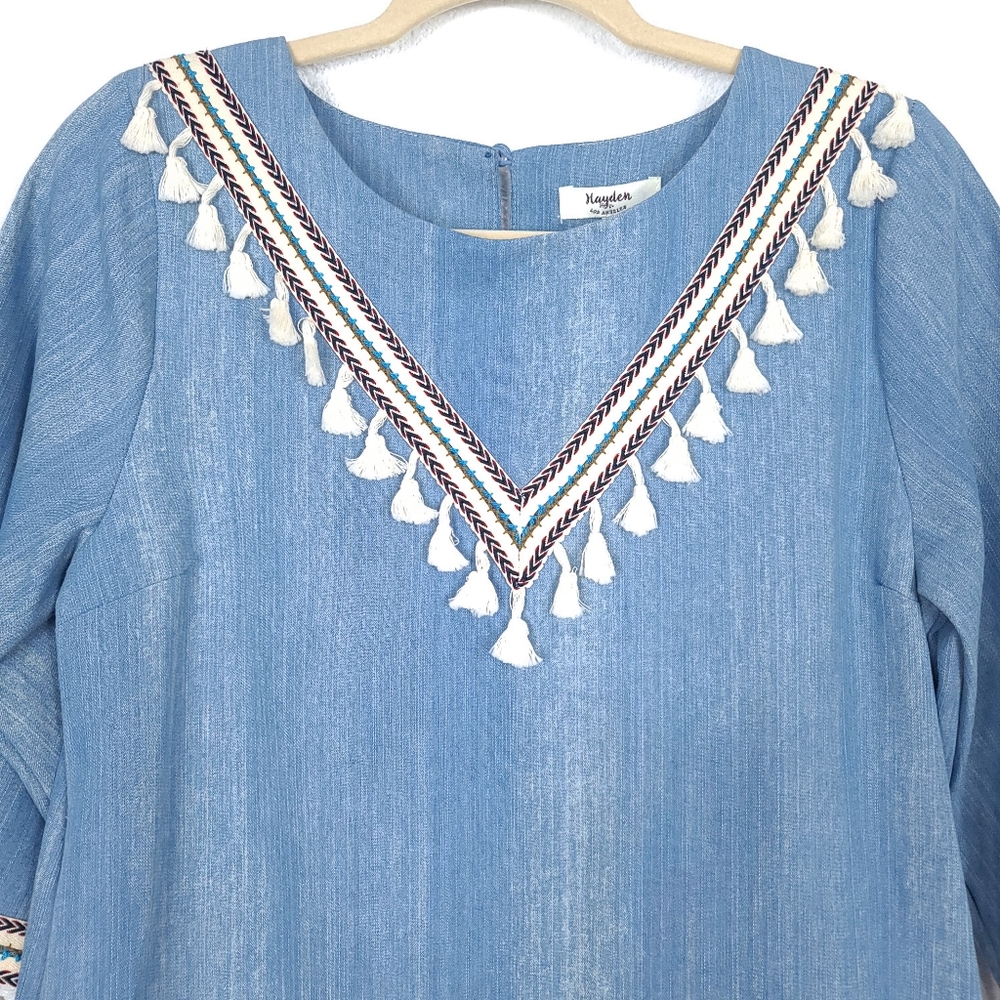 HAYDEN LA Boho Denim Chambray Tassels Mini Dress - Picture 7 of 16